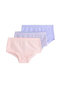 Tre pigers bomuldsundertøj i pastelfarver: ensfarvet lavendel, blå og pink striber, samt pink og hvide striber, stablet på hvid baggrund.