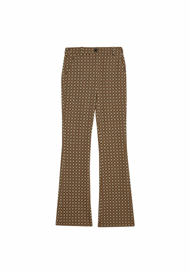 Brązowe spodnie w stylu dzwonów z diamentowym wzorem w kolorze żółtym i kremowym, wykonane z teksturowanej tkaniny. Posiadają zapięcie z przodu i szlufki na pasek.