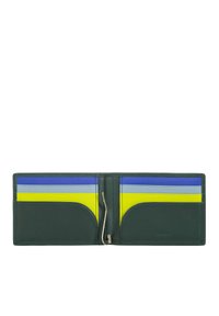 Portafoglio in pelle verde con più scomparti per carte. Accenti in blu brillante, giallo e azzurro. Include una clip metallica per una chiusura sicura.