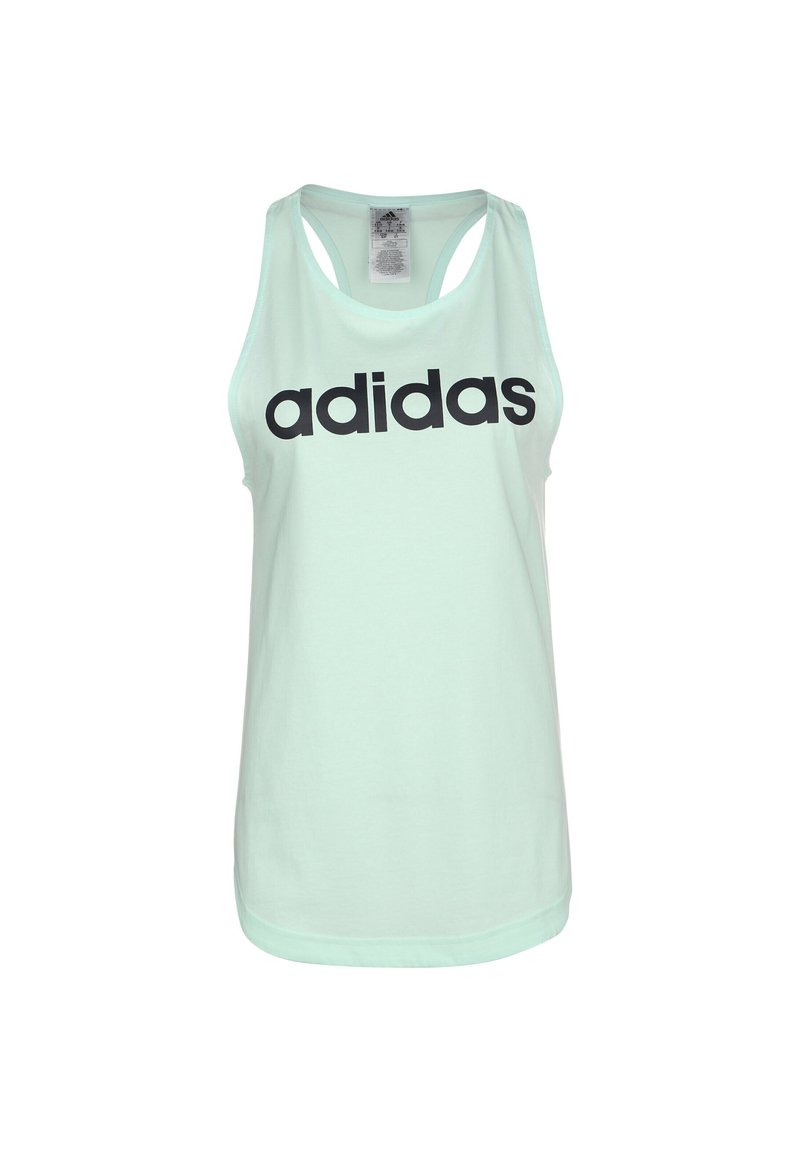 Canotta Adidas di un verde menta chiaro con scollatura rotonda e design a racerback. Presenta un audace logo "adidas" nero sul davanti.