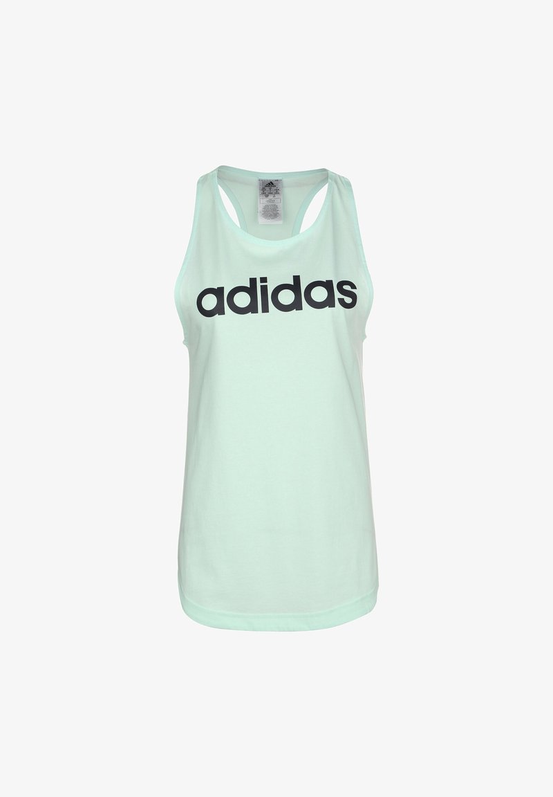Canotta Adidas di un verde menta chiaro con scollatura rotonda e design a racerback. Presenta un audace logo "adidas" nero sul davanti.