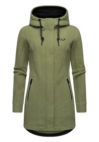 Olive green fleece jacket with a textured surface, black lining, adjustable hood, and two zippered side pockets.