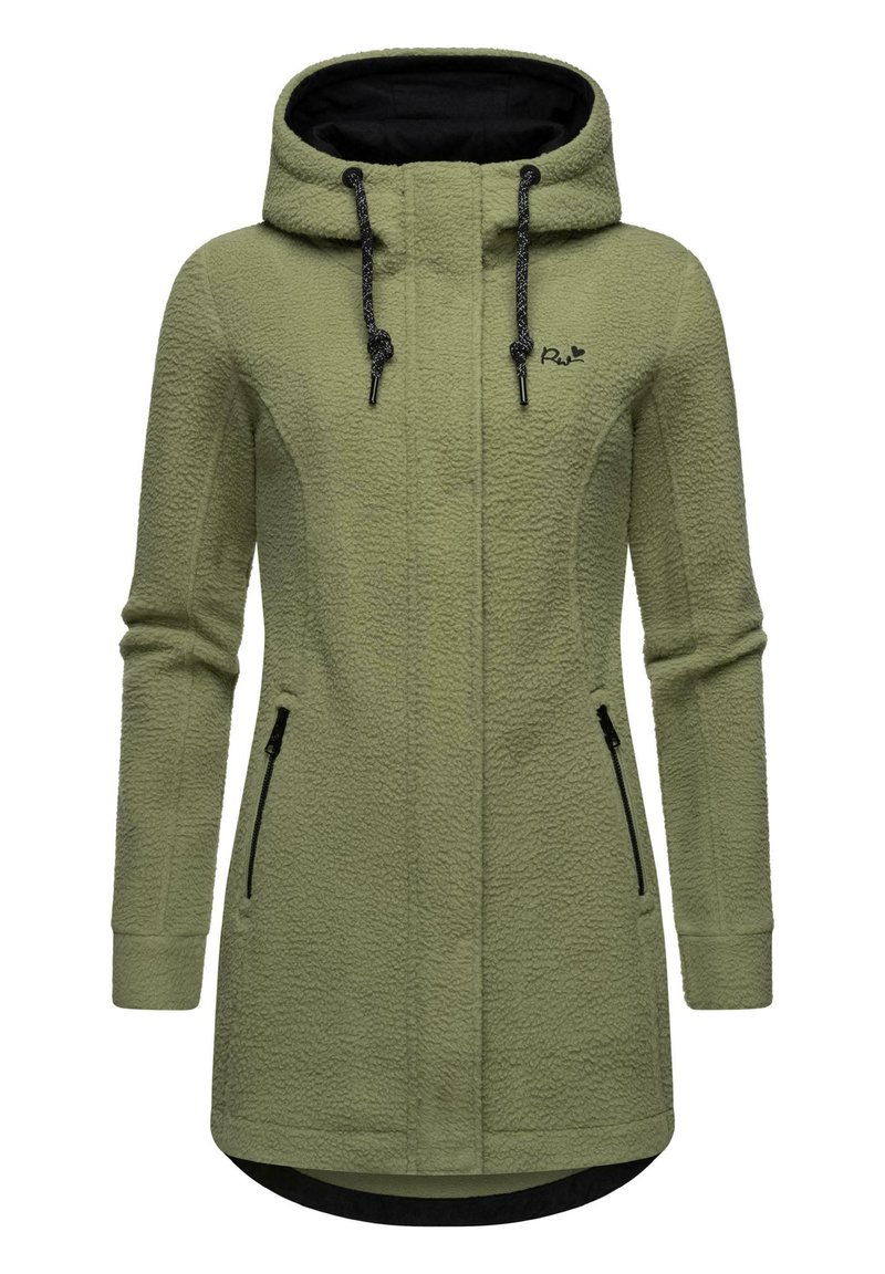 Olive green fleece jacket with a textured surface, black lining, adjustable hood, and two zippered side pockets.