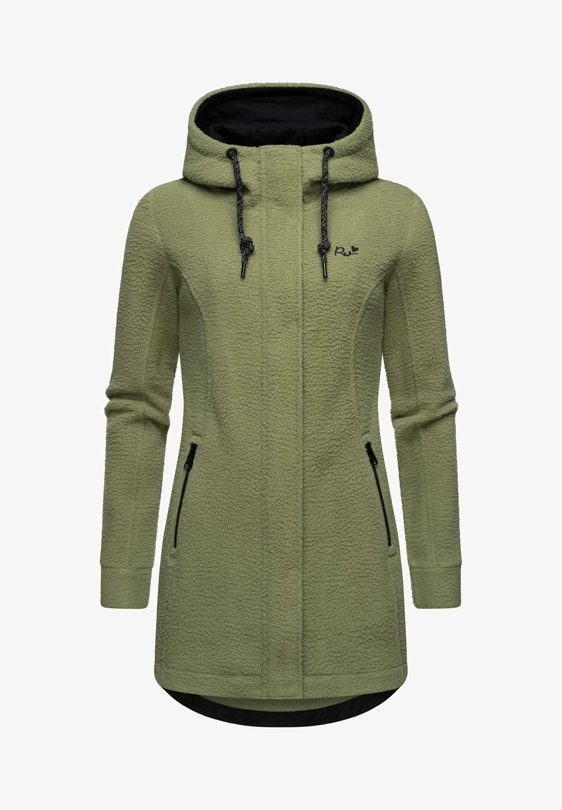 Olive green fleece jacket with a textured surface, black lining, adjustable hood, and two zippered side pockets.