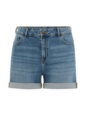 Blå denimshorts med optrukne buksekant, forreste knap, lynlåslukning og lommer foran og bagpå.