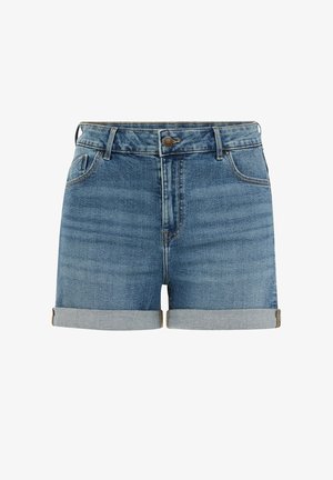 Modri jeans hlačne hlače z zavihanimi robovi, gumbom spredaj, zapiranjem z zadrgo ter prednjimi in zadnjimi žepi.