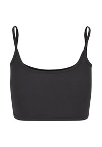 Black bralette made of stretchy fabric, featuring a scooped neckline, thin adjustable straps, and a smooth, seamless design.
