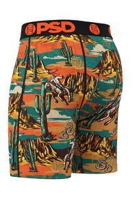 Boxers pour hommes avec une scène désertique vibrante, présentant des cactus et un cow-boy à cheval, dans des teintes de sarcelle, d'orange et de brun avec une ceinture noire.