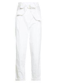 Witte katoenen broeken hebben een getailleerde taille met een strikdetail, toelopende benen en zijzakken. Soepele textuur en een op maat gemaakte uitstraling.