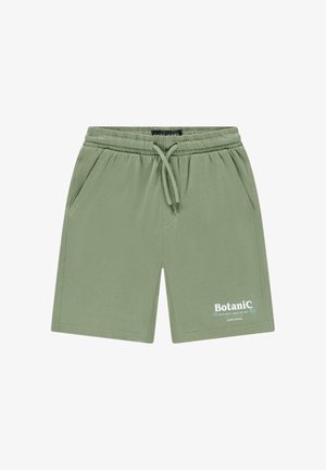 Groene korte broek van een katoenmengsel met een elastische tailleband met trekkoord, twee zijzakken en een logo detail aan de voorkant.