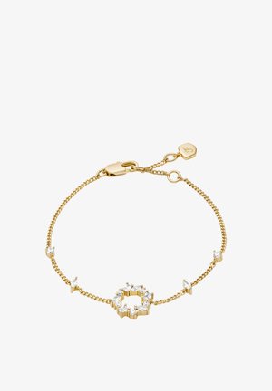 Bracelet en ton or avec un design en chaîne, présentant un pendentif central en forme d'étoile orné de pierres claires et facettées. Fermeture à mousqueton.