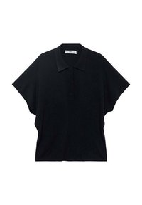 Czarny top w stylu polo z krótkimi, szerokimi rękawami, klasycznym kołnierzykiem i luźnym krojem. Wykonany z miękkiej tkaniny o gładkiej fakturze.