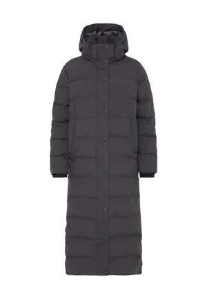 Cappotto lungo grigio imbottito con cappuccio, caratterizzato da una chiusura frontale a bottoni automatici e polsini a costine, progettato per calore e copertura.