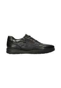 Schwarze Leder Sportschuhe mit runder Zehenpartie, Schnürung auf der Vorderseite, seitlichem Reißverschluss und strukturierten Akzenten im Obermaterial. Robuste Gummisohle.