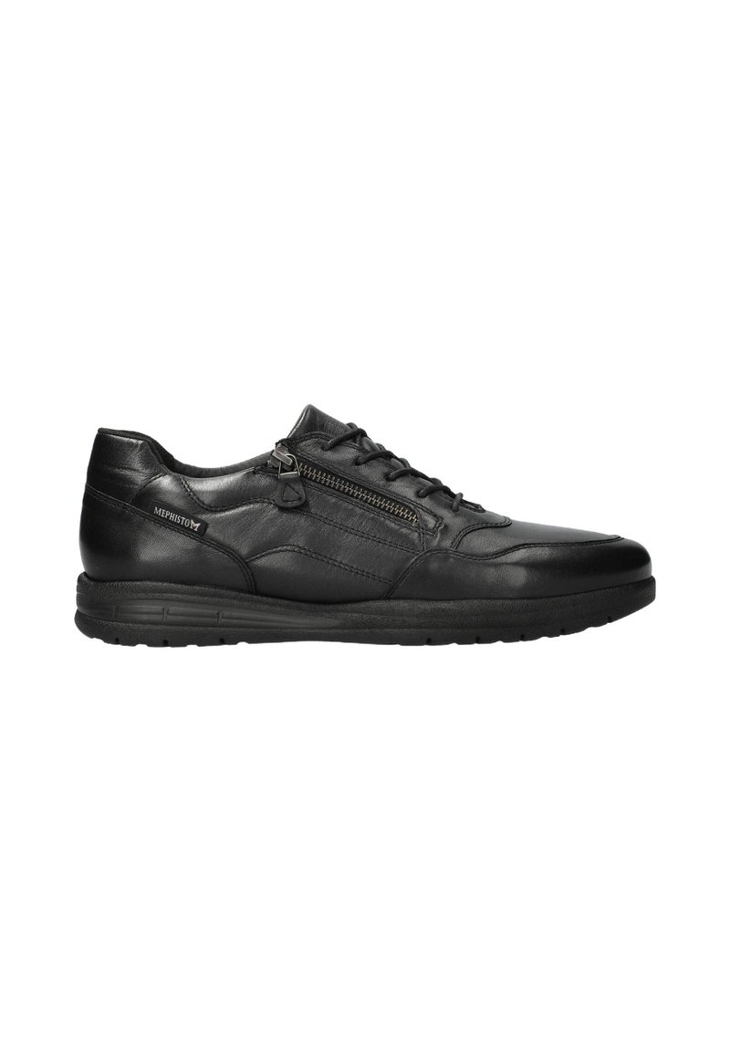 Schwarze Leder Sportschuhe mit runder Zehenpartie, Schnürung auf der Vorderseite, seitlichem Reißverschluss und strukturierten Akzenten im Obermaterial. Robuste Gummisohle.