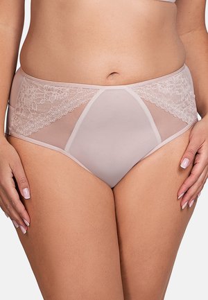 Helle rosa Hipster-Unterwäsche aus Spitze und Mesh. Verfügt über Spitzenpaneele an den Seiten und einem glatten, dehnbaren Stoff für zusätzlichen Komfort.
