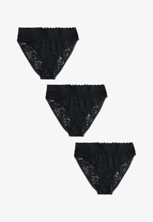 Trois culottes de bikini taille haute en dentelle noire pour femmes, disposées verticalement sur un fond blanc.