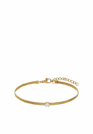 Dunne gouden armband met een enkele heldere ronde edelsteen in het midden en een verstelbare kettingsluiting.