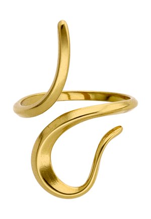 Otwarty pierścionek z metalu w kolorze złota o gładkim, skręconym wzorze z dwoma zakrzywionymi końcami o różnej długości.
