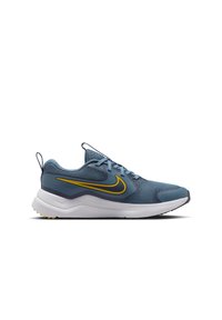 Sport shoes with a blue mesh upper, yellow swoosh detail, light grey midsole, and textured black outsole. Features lace-up closure and pull tab.