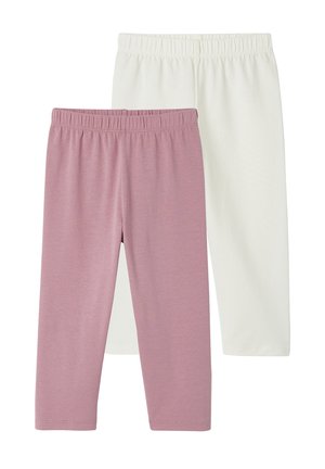 Zwei Paare Leggings mit elastischem Bund und knöchellang, eines in Hellrosa und eines in Cremeweiß, überlappend auf einem weißen Hintergrund angeordnet.