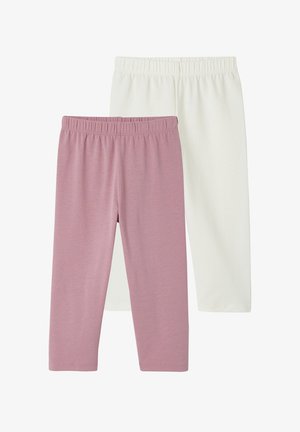 Two pairs of elastic-waist, ankle-length leggings, one in light pink and one in off-white, arranged overlapping on a white background.