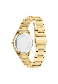 Goldfarbene Edelstahl-Uhr mit einem Gliederarmband-Design, runder Gehäuseform und polierter Oberfläche. Verfügt über einen transparenten Rücken mit Branding.