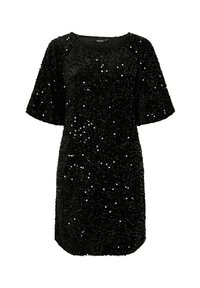 Melna svētku kleita ar īsām piedurknēm, ar apaļu apkakli un brīvu piegriezumu. Virsma ir klāta ar spīdīgiem, atstarotājiem jakā.