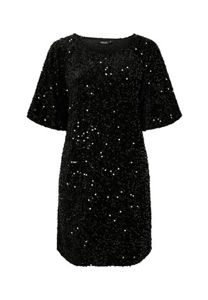 Black sequined dress with short sleeves, featuring a round neckline and a loose fit. The surface is covered in shiny, reflective sequins.