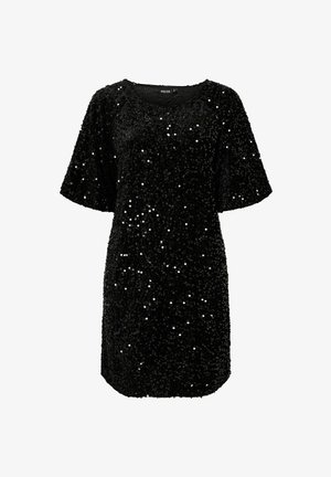 Black sequined dress with short sleeves, featuring a round neckline and a loose fit. The surface is covered in shiny, reflective sequins.