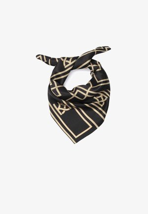 Bufanda de seda negra con un patrón geométrico dorado, que presenta bordes afilados y un diseño anudado en las dos esquinas superiores.