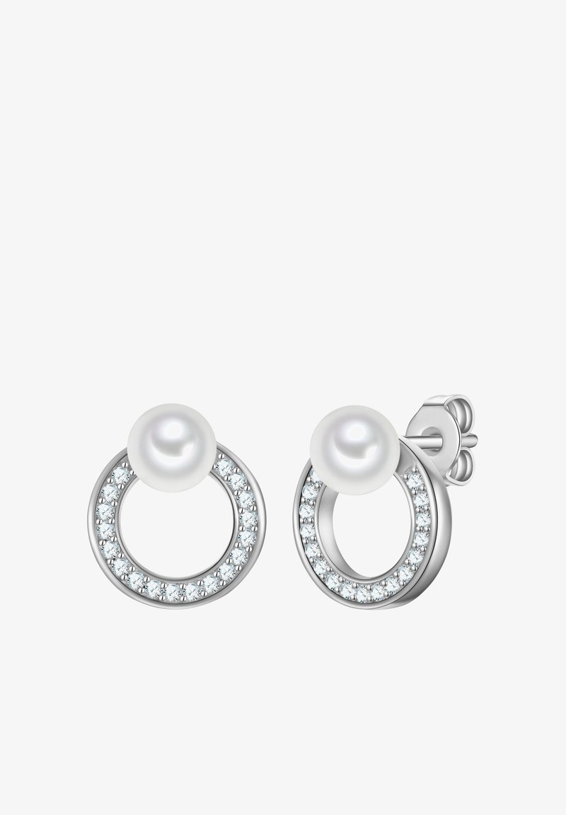 Silverfärgade hålörhängen med en central vit pärla och en ring av glittrande klara stenar runt den yttre kanten.