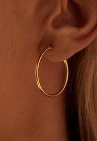 Gouden oorring, cirkelvormig, glanzend oppervlak, gladde textuur. Draagt op de oorlel, met een zichtbaar stift voor bevestiging.