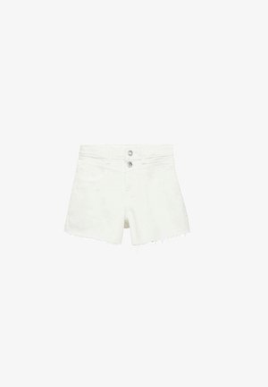 Hvide denimshorts med en mellemhøj talje, to knaplukninger og frayed kant. Har to forlommer og en glat tekstur.