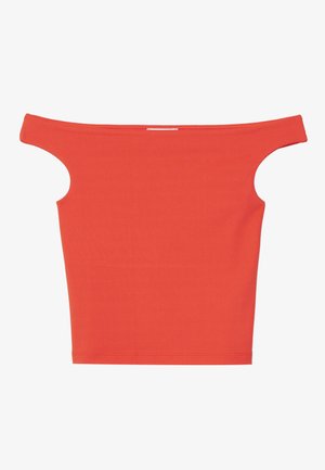 Red off-the-shoulder top made of stretch fabric. Features cut-out detail at the shoulders and a fitted bodice. No visible patterns or hardware.
