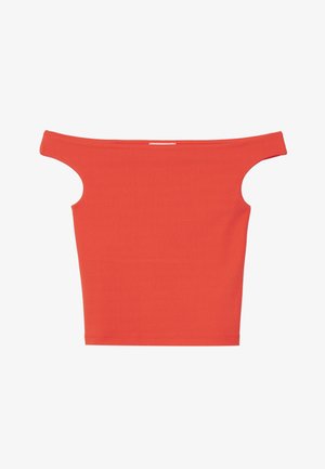 Rode off-the-shoulder top van rekbare stof. Heeft uitsnijdingen op de schouders en een nauwsluitende bodice. Geen zichtbare patronen of hardware.