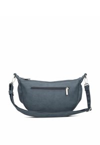 Bolso cruzado en forma de media luna de color azul oscuro, con correa ajustable y bolsillo con cremallera frontal, sobre un fondo blanco liso.