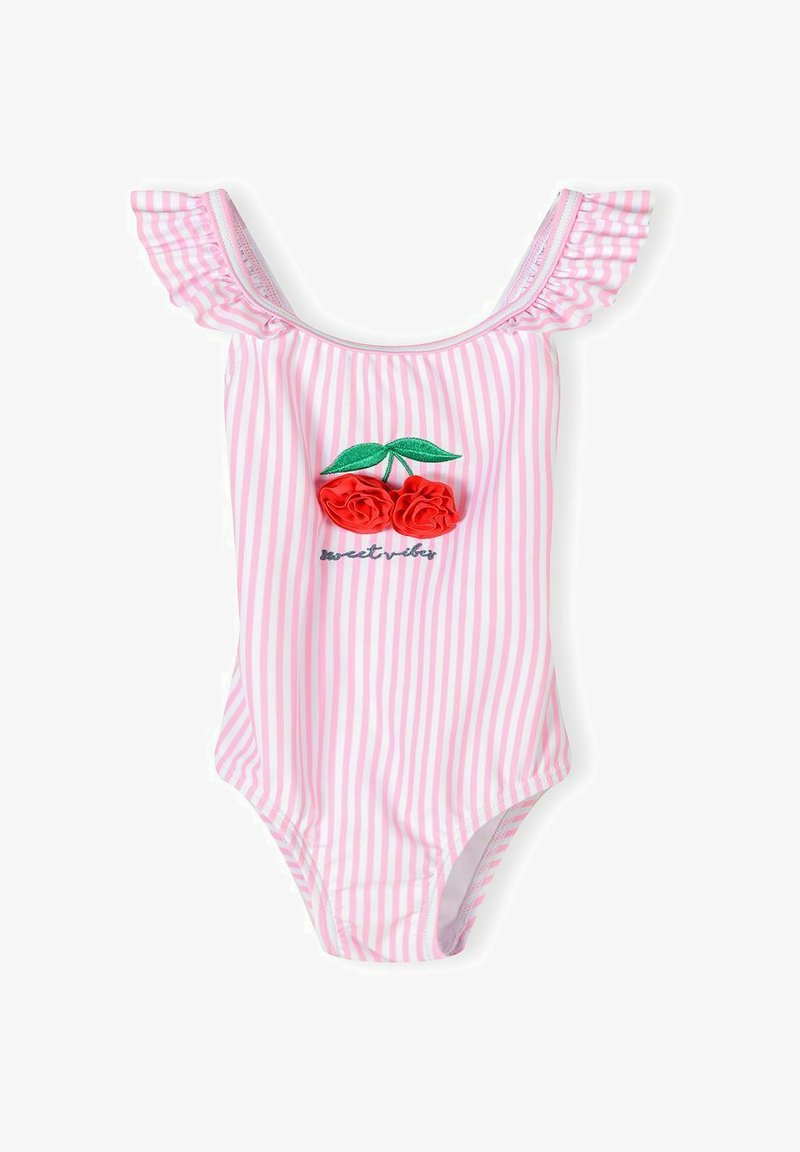 Maillot de bain rayé rose et blanc sans manches avec bretelles volantées, orné d'une application de cerise rouge avec des feuilles vertes et le texte « sweet vibes » à l'avant.