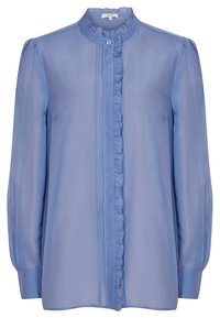 Light blue sheer blouse with long sleeves, ruffled front placket, and a high collar. Features a button closure and soft, flowing texture.