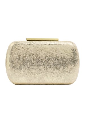 Złota metaliczna prostokątna kopertówka z zaokrąglonymi krawędziami i gładkim, zwartym designem na białym tle.