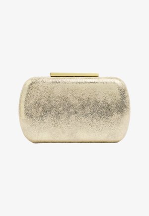 Złota metaliczna prostokątna kopertówka z zaokrąglonymi krawędziami i gładkim, zwartym designem na białym tle.