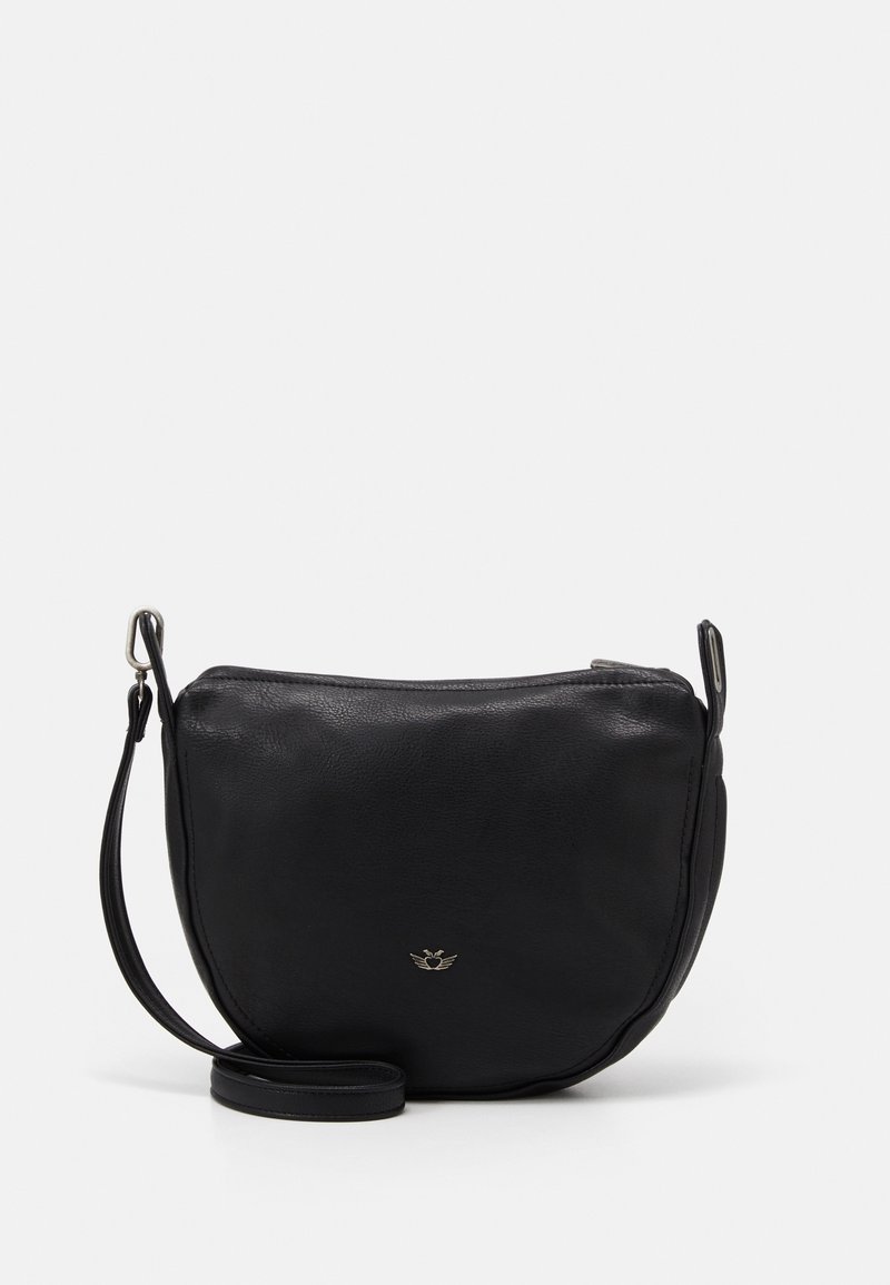 Černá kožená crossbody taška, kulatý tvar, hladký povrch, disponuje zipovým uzávěrem, nastavitelným popruhem a malým embosovaným logem.