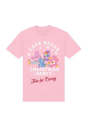 Lyserød t-shirt med Care Bears i festligt tøj. Teksten siger "Care Bears Christmas Party" og "Time for Caring" i hvid og rød.