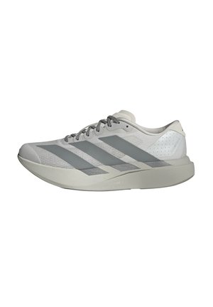 Lys grå Adidas løpesko med mørkegrå striper, snøring og tykk polstret såle vist fra siden på hvit bakgrunn.