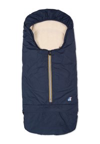 Marine slaapzak met een zachte beige binnenkant. Bevat een volledige rits met meerkleurige strepen en een gathered capuchon voor extra warmte.