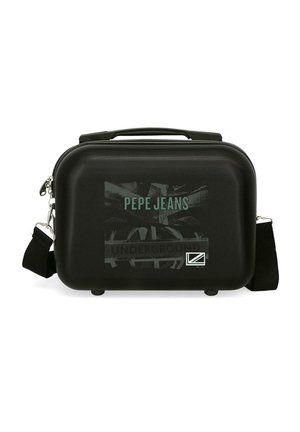 Bolso rectangular rígido negro con asa, correa de hombro desmontable y diseño de "PEPE JEANS" y del Metro de Londres en el frente.