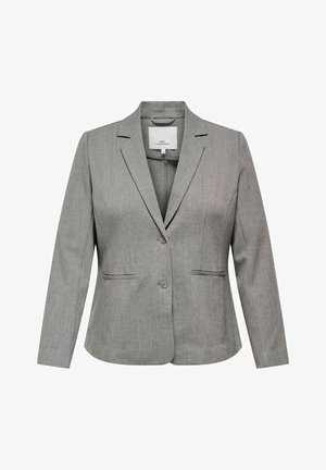 Siv blazer z gladko teksturo, prilegajočim krojem, zareznimi reverji in enojnim gumbom za zapiranje. Ima dva sprednja žepa in subtilne šive.