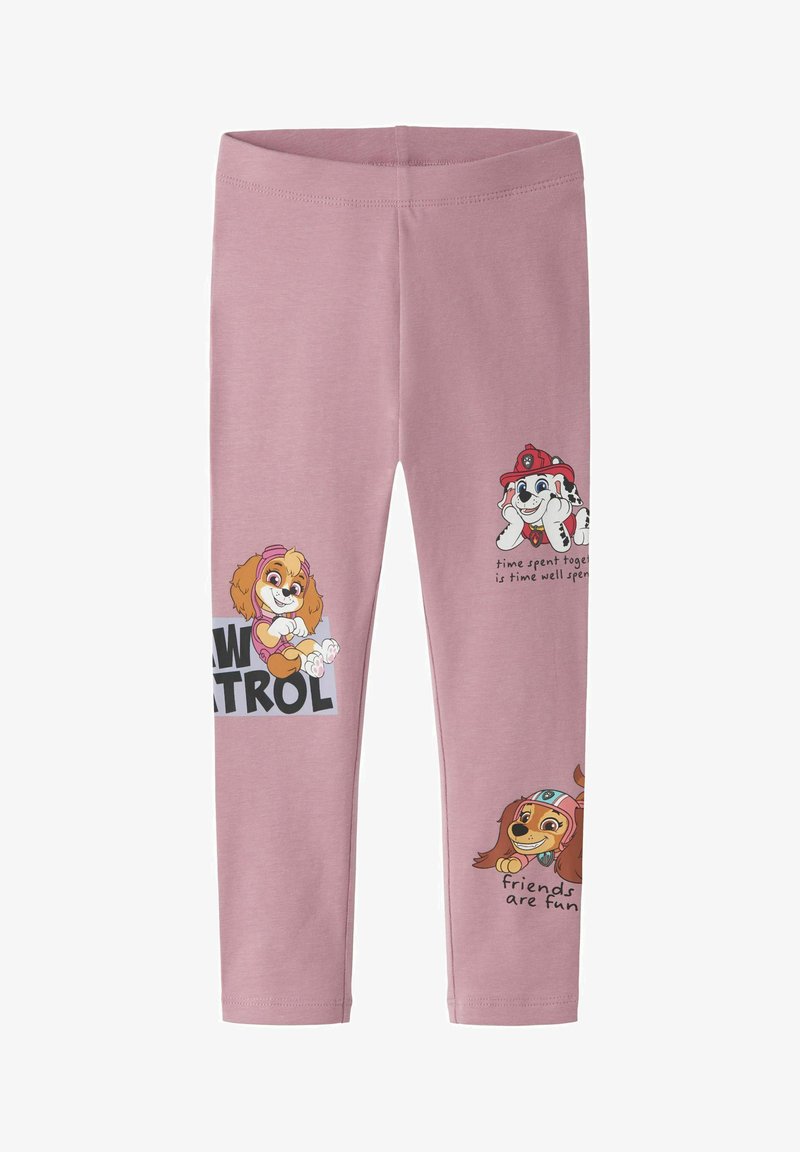 Leggings roses pour enfants avec trois personnages colorés de chiens de Paw Patrol et phrases : "time spent together is time well spent" et "friends are fun."