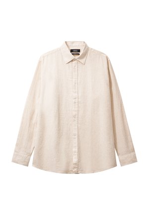 Camisa beige de manga larga en tejido ligero de lino, con cuello clásico, cierre frontal de botones y detalles discretos de costura.
