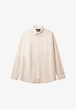 Beige langermet skjorte i lett linstoff, med klassisk krage, knepping foran og diskrete sømdetaljer.